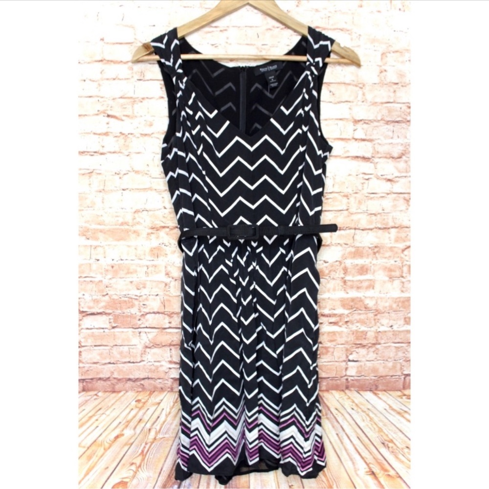 White House Black Market Black and White Chevron Midi Dress with pockets & belt
